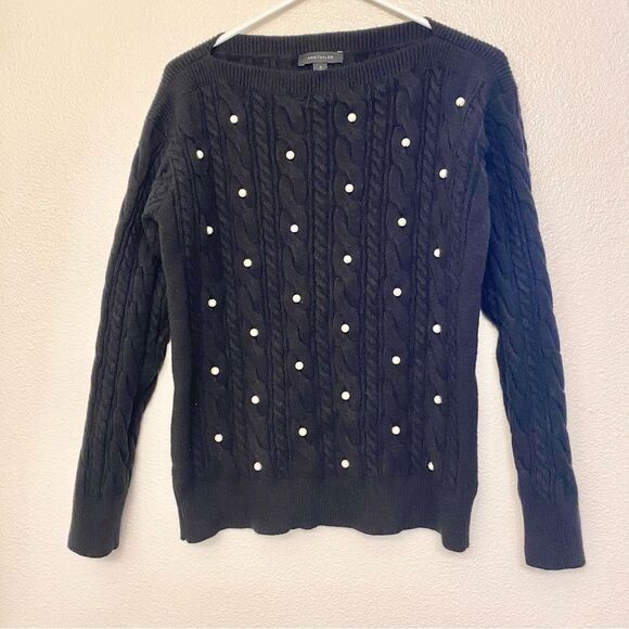Ann Taylor black stretch cable knit pearl embellished sweater boat neck M - Picture 2 of 9